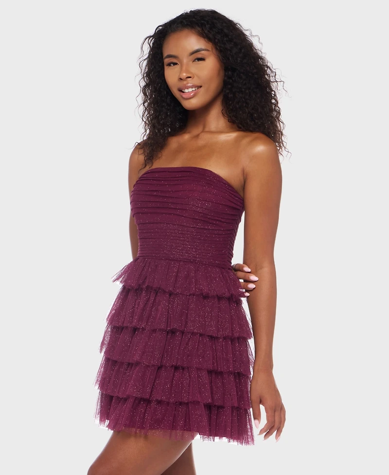 B Darlin Juniors' Strapless Side-Shirred Tiered Glitter Mini Dress