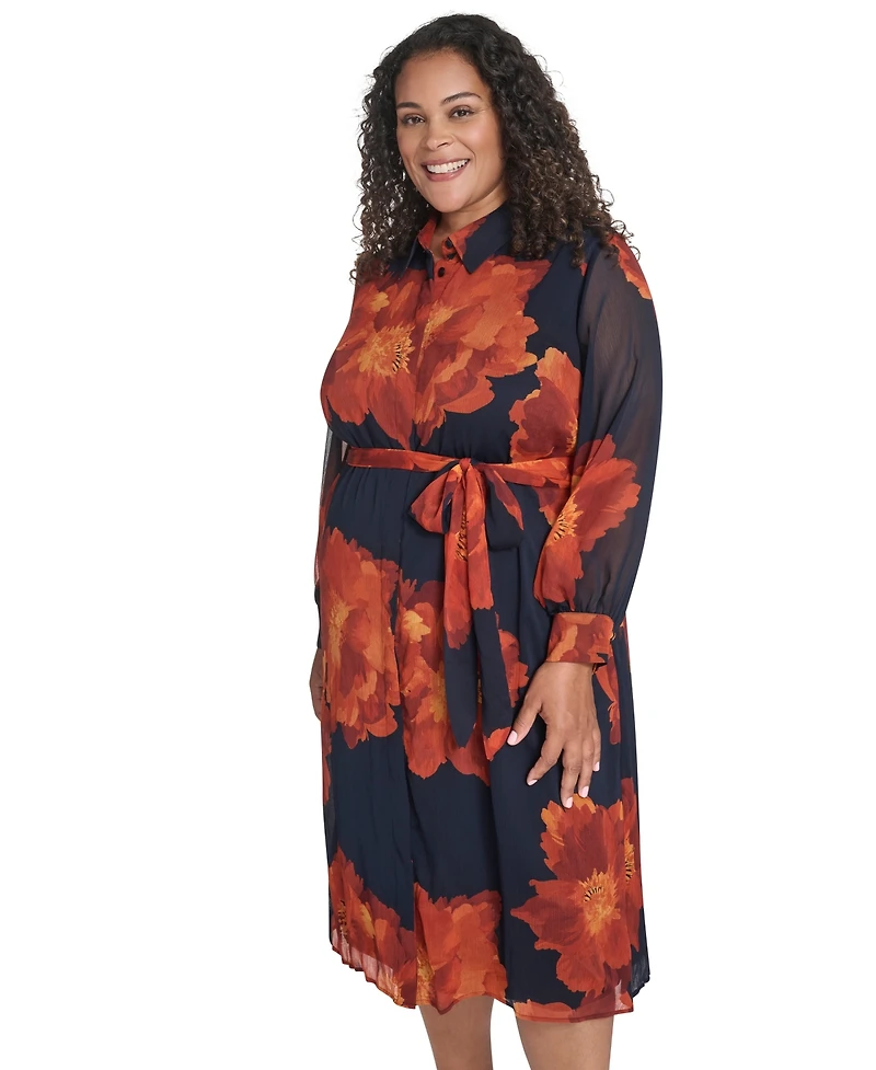 Calvin Klein Plus Long-Sleeve Printed Midi Dress