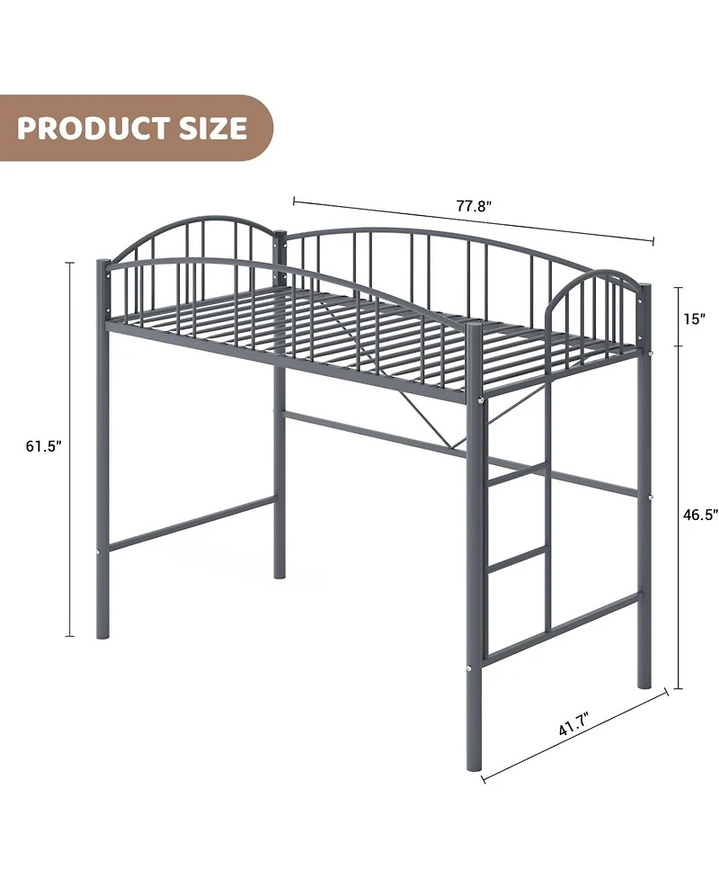 gaomon Loft Bed Twin Size, Heavy Duty Metal Loft Bed Frame with Arched Guardrail and Safety Ladder, Space-Saving, No Box Spring Needed, Matte Gray