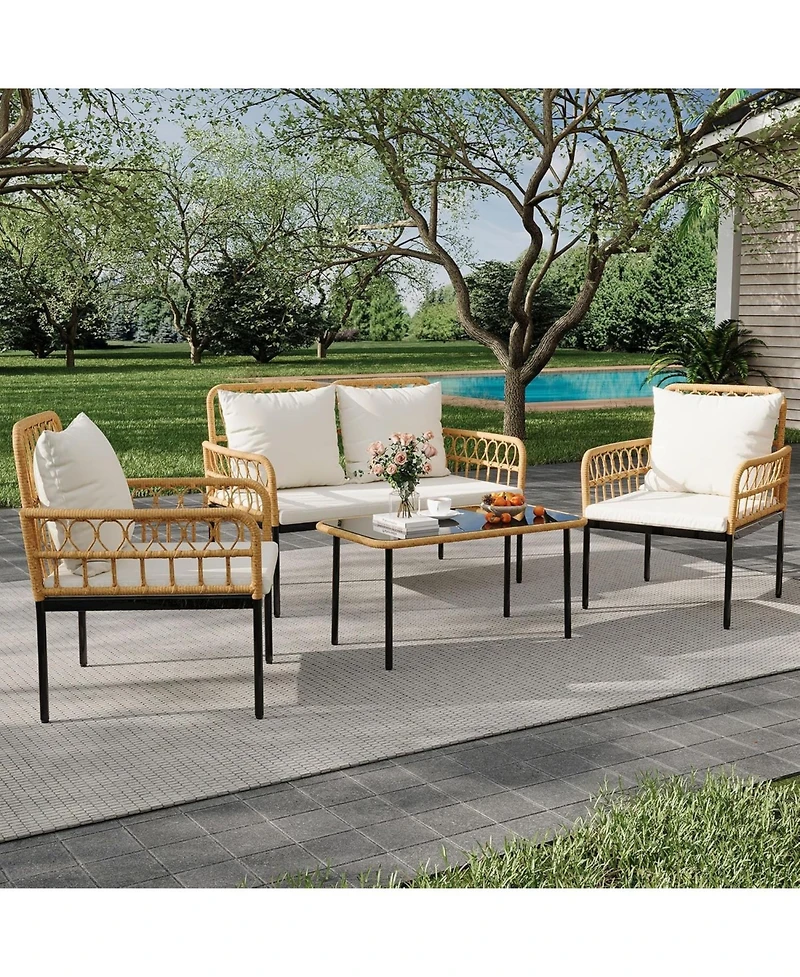 gaomon 4 Pieces Patio Furniture Sets Wicker Outdoor Patio Table and Chairs Set with Glass Side Table, Loveseat Chairs, Boho Rattan Conversation Sets f