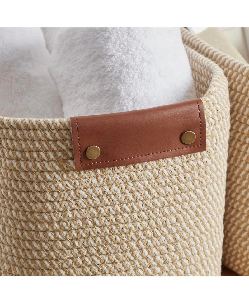 Ornavo Home 3 Pack Cotton Rope Shelf Storage Basket with Faux Leather Handles