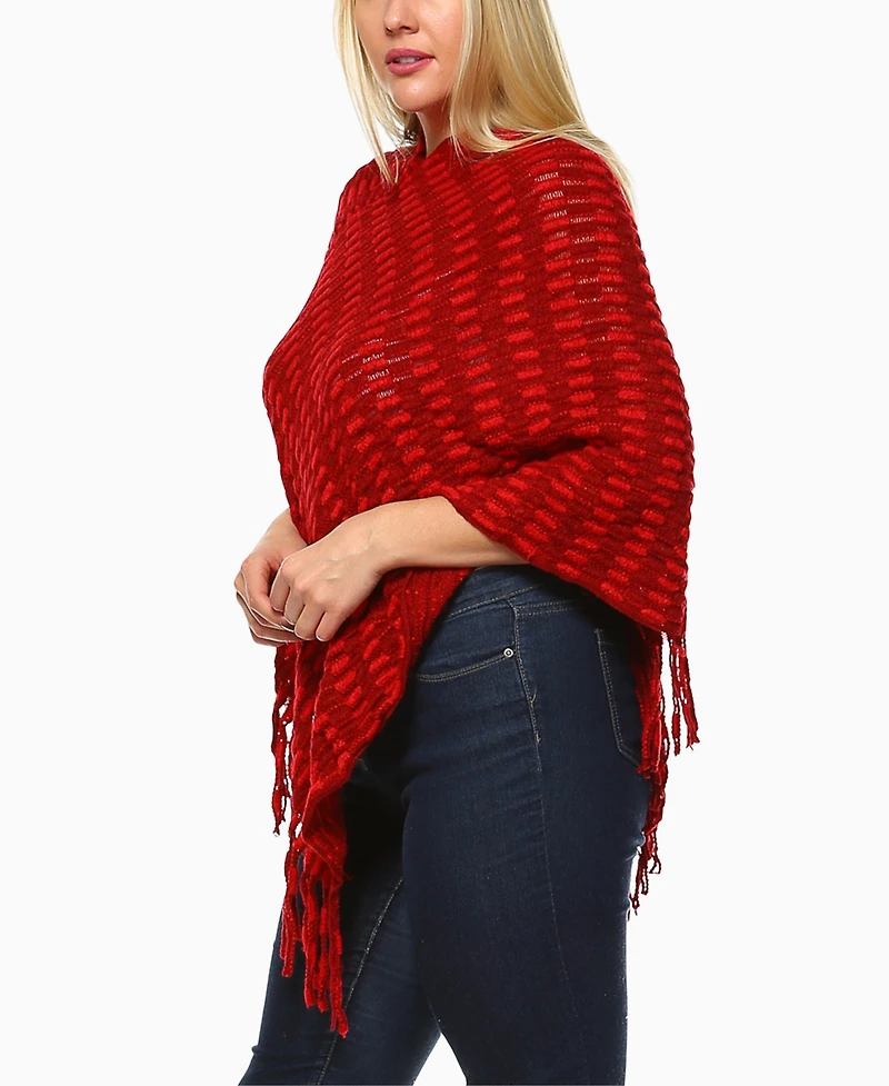 White Mark Plus Size Textured Knit Fringe Poncho