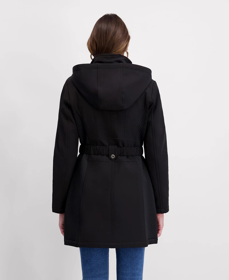 Kensie Women's Hooded, Metal Buckle Belted Softshell with Embossed Panels