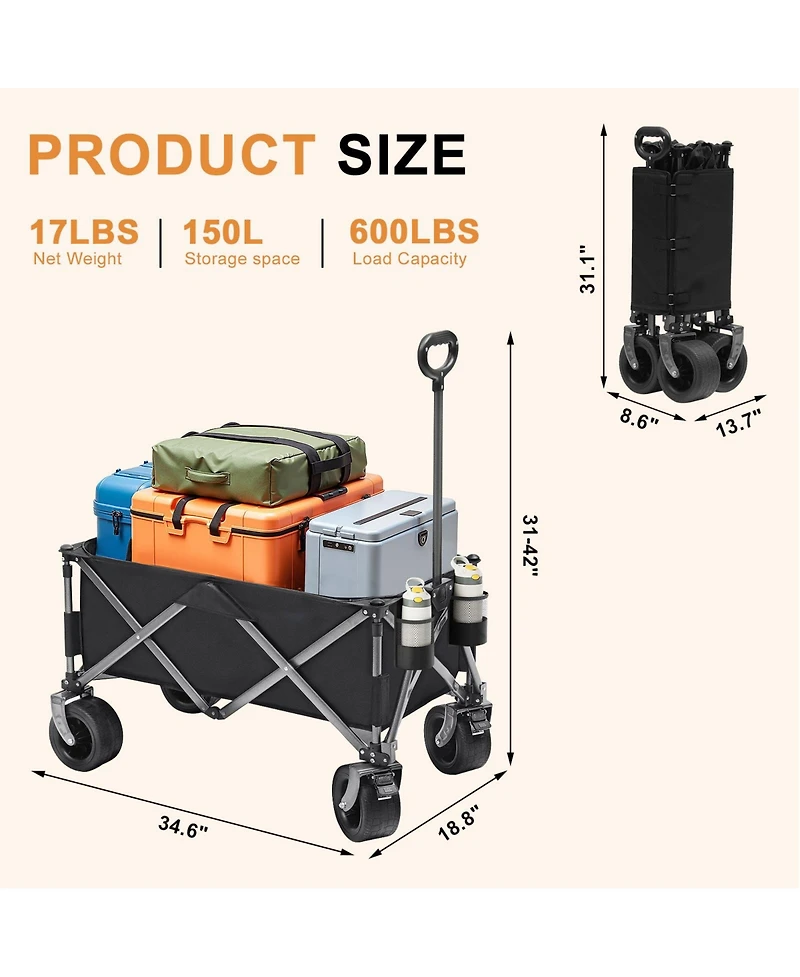 Heavy-Duty 600 lbs Folding Collapsible Wagon Cart with Wide Shock-Absorbing Wheels