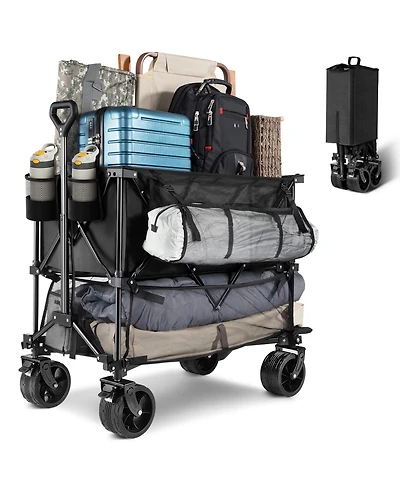 450lbs Heavy Duty Double Decker Collapsible Folding Wagon Cart with 360° Wheels, and Extra Storage
