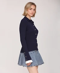 Avec Les Filles Women's Spread Collar Combo Cuff Cardigan