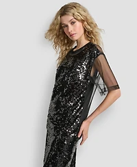 Dkny Women's Sequined Layered Short Sleeves Mesh Top