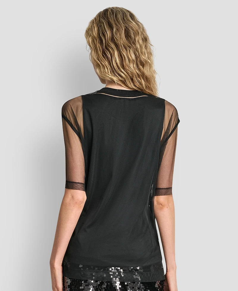 Dkny Women's Sequined Layered Short Sleeves Mesh Top