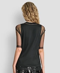 Dkny Women's Sequined Layered Short Sleeves Mesh Top