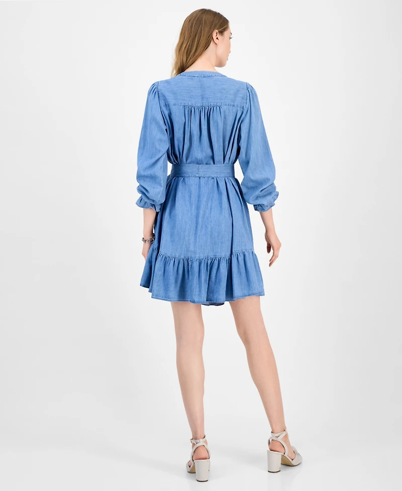 Tommy Hilfiger Women's Belted Ruffled Chambray Dress