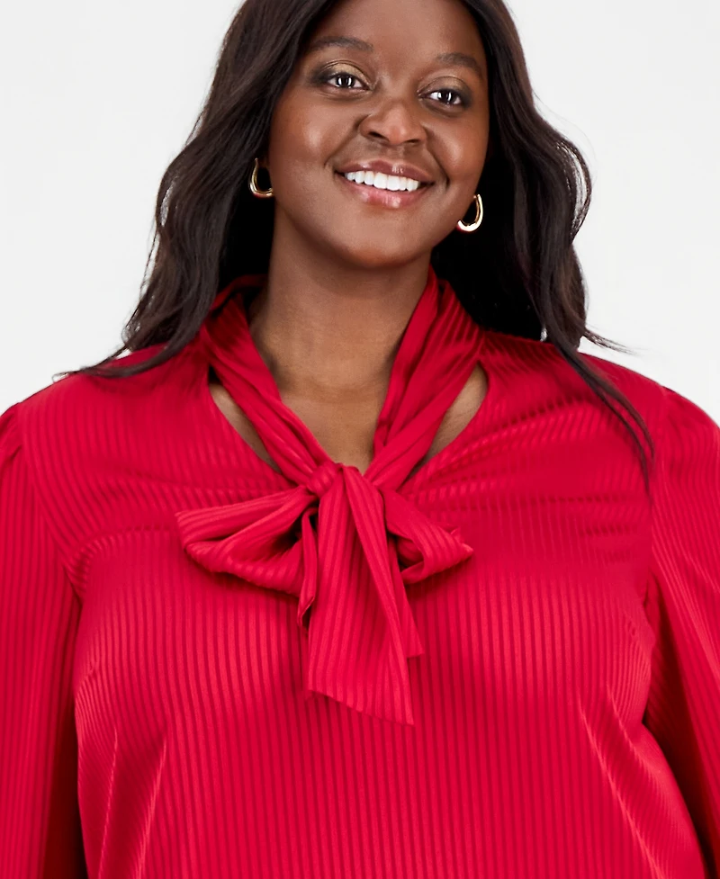 Kasper Plus Satin Stripe Tie-Neck Long-Sleeve Top