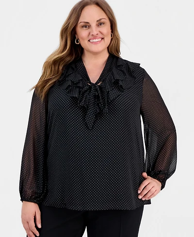 Kasper Plus Gold Foil Dot Print Tie-Neck Blouse