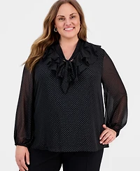 Kasper Plus Gold Foil Dot Print Tie-Neck Blouse