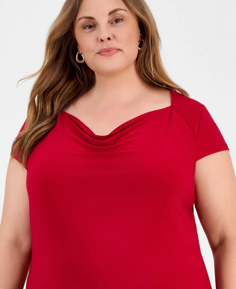 Kasper Plus Cowlneck Cap-Sleeve Top
