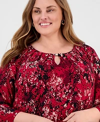 Kasper Plus Printed 3/4-Sleeve Pleated-Neck Top