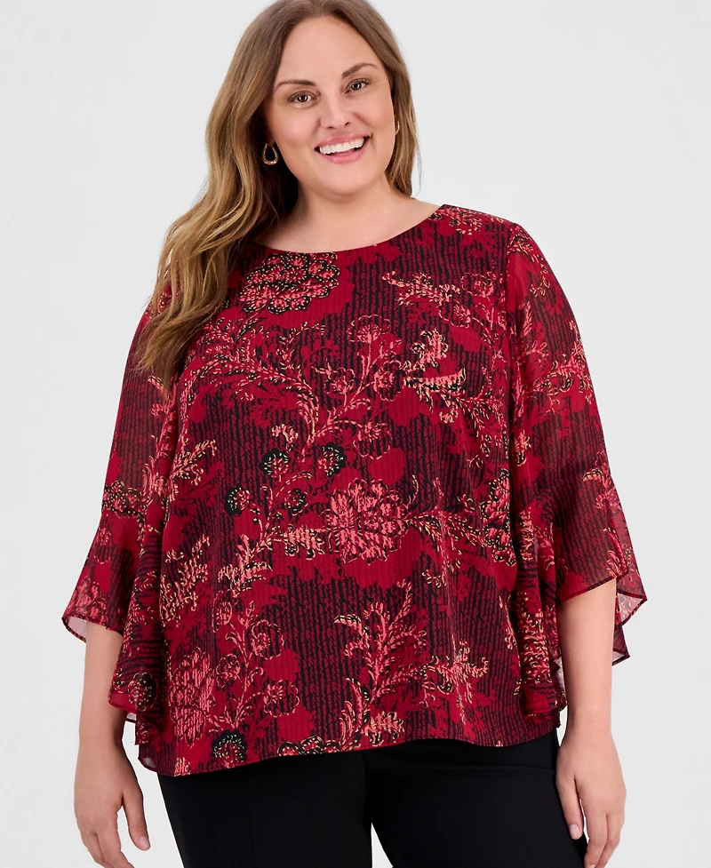 Kasper Women's Plus Floral Ruffle Sleeve Top