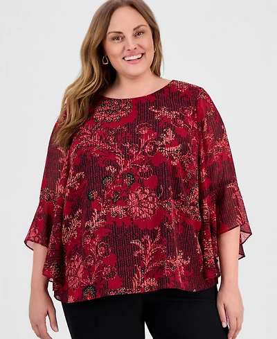 Kasper Women's Plus Floral Ruffle Sleeve Top
