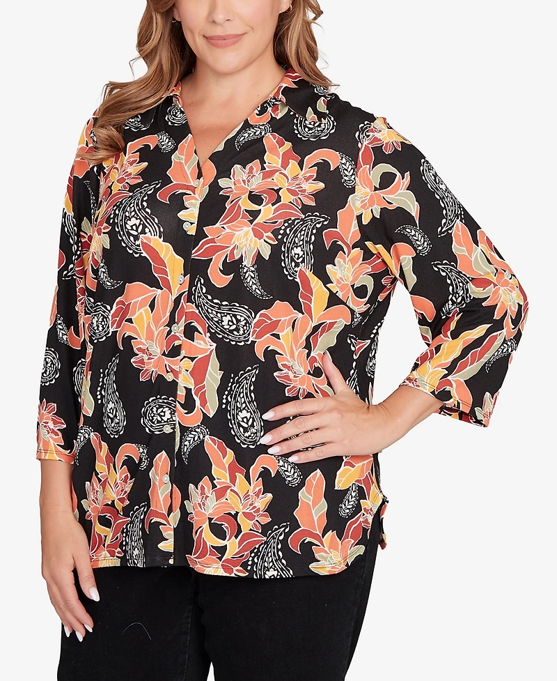 Ruby Rd. Plus Shirt Collar Floral Paisley Button Front Top