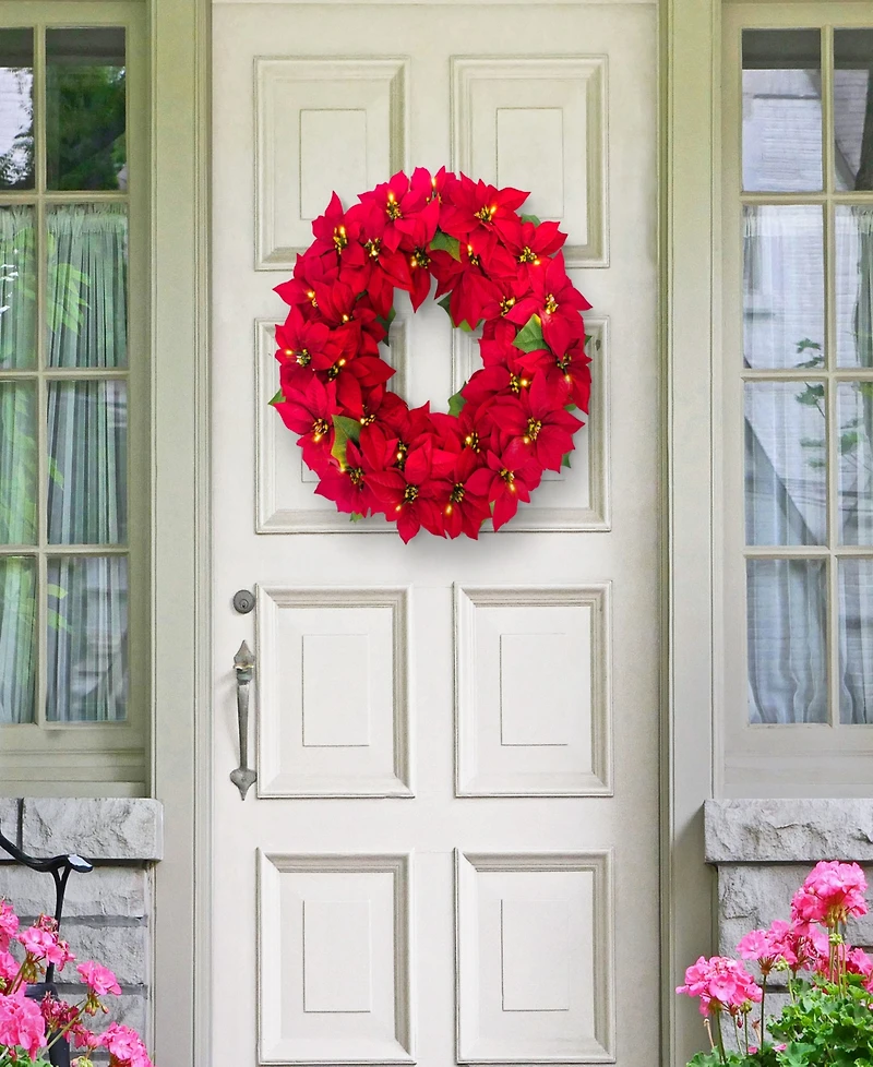Puleo 24" Pre-Lit Artificial Red Poinsettia Wreath