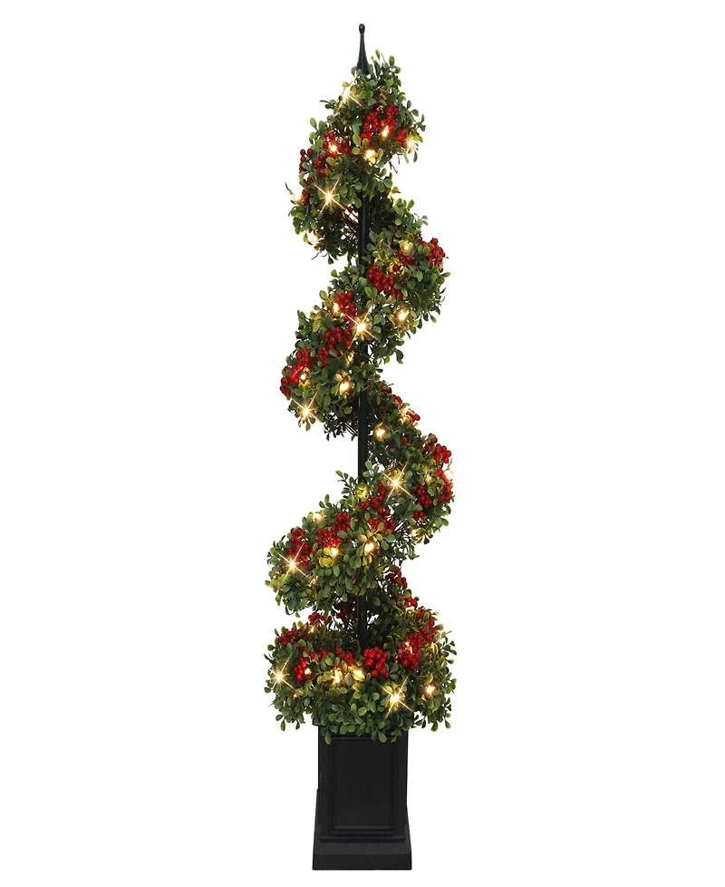 Puleo 4' Pre-Lit Artificial Potted Swirl Tree Adorned with Red Berries