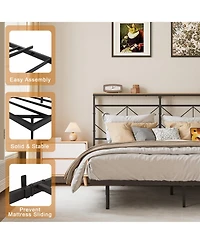 Hausource Full Size Floating Bed Frame with Led Headboard & Charging Station No Box Spring Needed