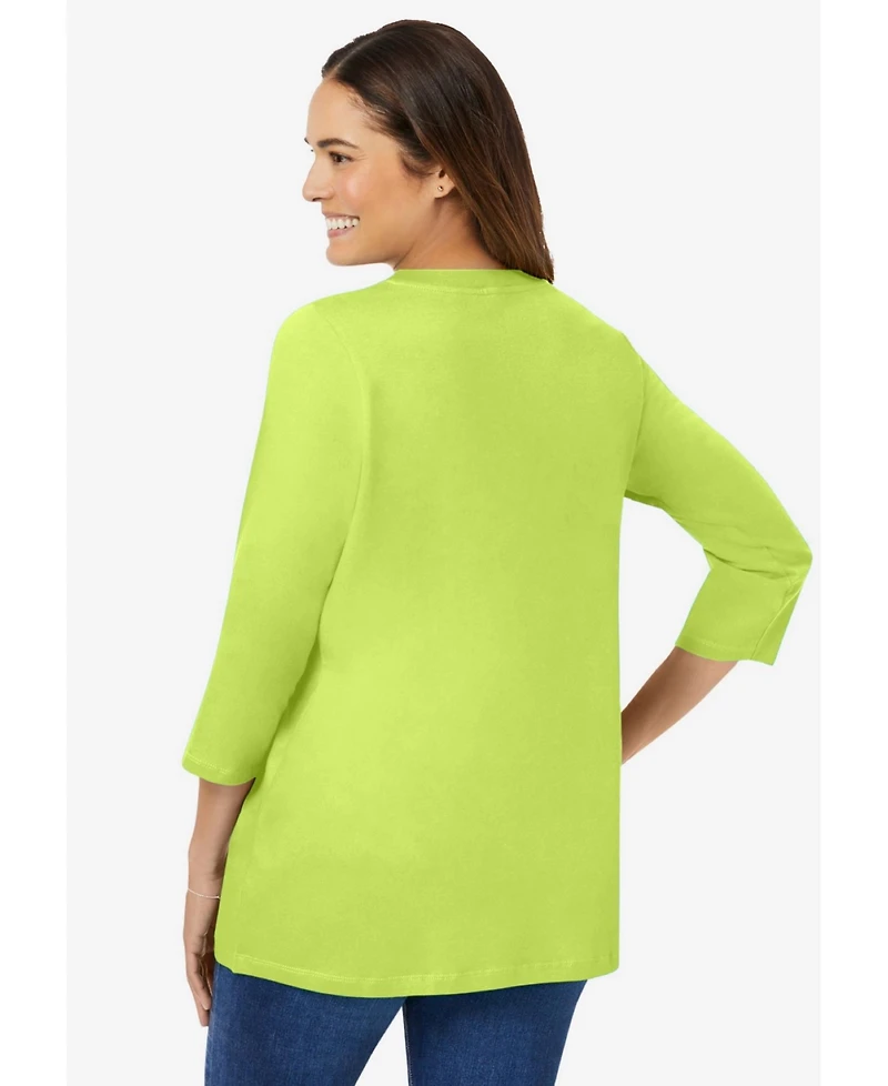 Woman Within Plus Perfect Three-Quarter Sleeve V-Neck Tee