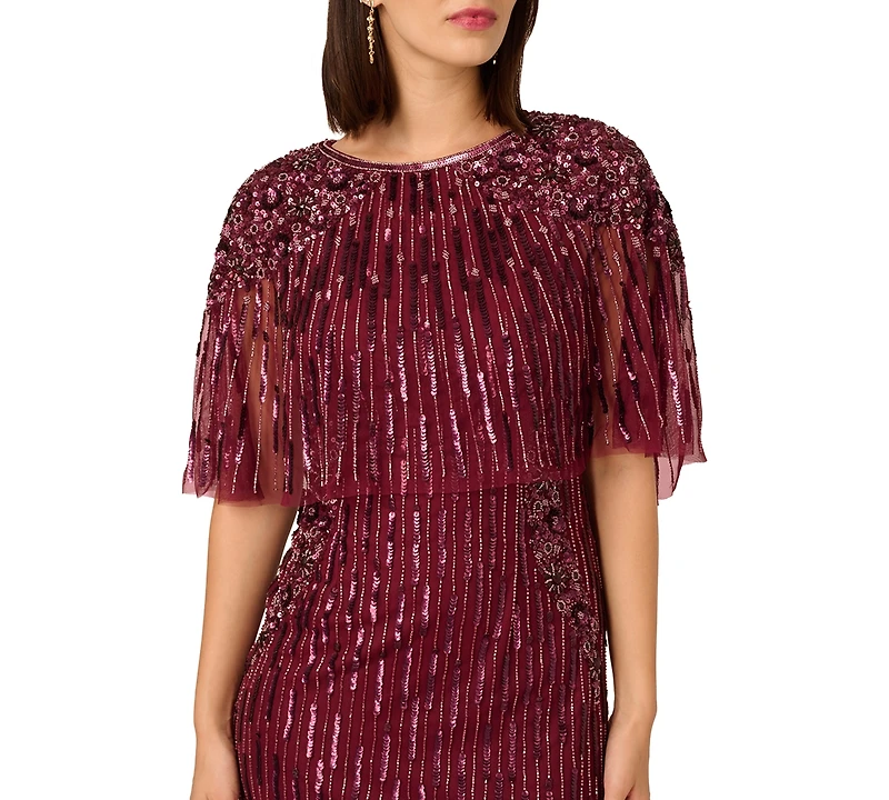 Adrianna Papell Women's Cape Sleeve Beaded Maxi Dress