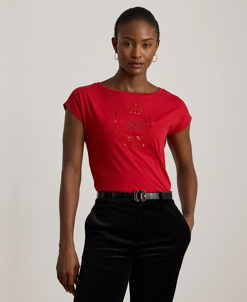 Lauren Ralph Women's Sequin Detail Boat Neck Jersey T-Shirt