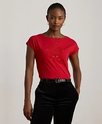 Lauren Ralph Lauren Womens Sequin Detail Boat Neck Jersey T Shirt P Xs Xxl