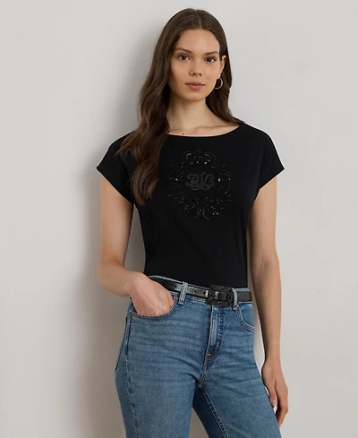 Lauren Ralph Women's Sequin Detail Boat Neck Jersey T-Shirt