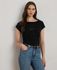 Lauren Ralph Women's Sequin Detail Boat Neck Jersey T-Shirt