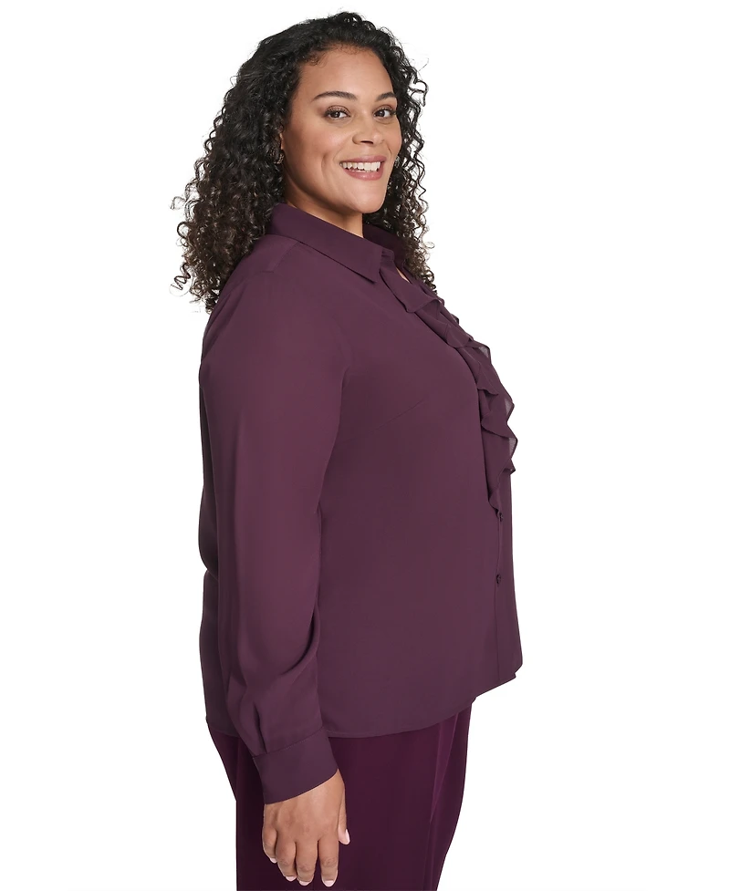Calvin Klein Plus Long Sleeve Ruffle Front Top