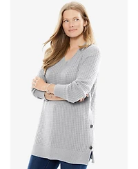 Woman Within Plus Side Button V-Neck Waffle Knit Sweater