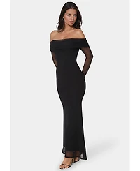 Bebe Women's Long Sleeve Off the Shoulder Mesh Maxi Dress
