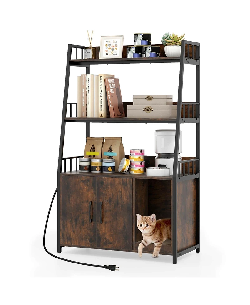Cat Litter Box Enclosure with Storage Shelves Scratching Pad Charging Station