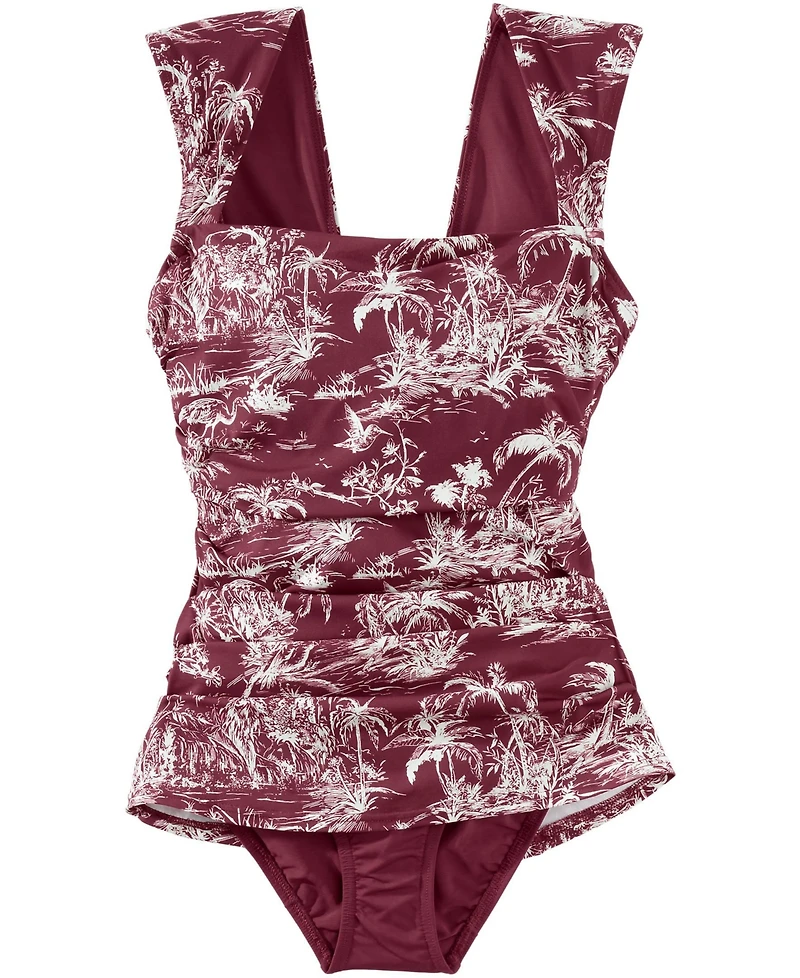 Lands' End Women's Smoothing Square Neck Ruched Swim Dress Swimsuit