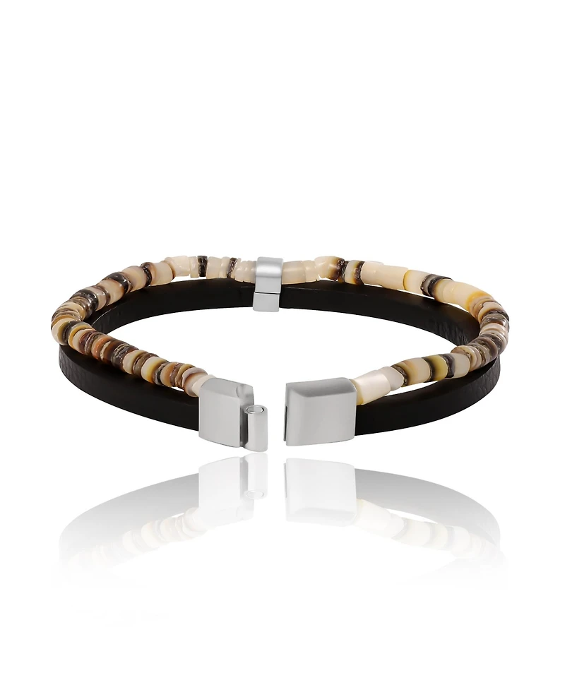 Lucky Brand Mens Layered Bracelet with Wood Beads and Leather Strap