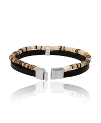 Lucky Brand Mens Layered Bracelet with Wood Beads and Leather Strap