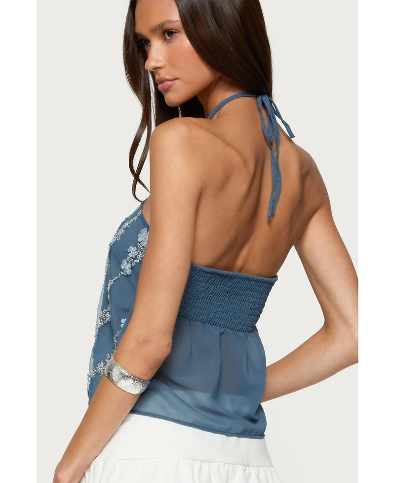Edikted Women's Beaded Floral Split Front Halter Top