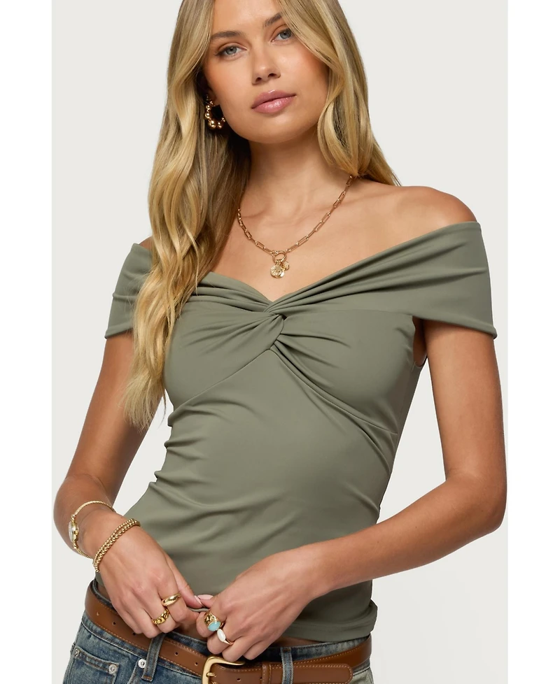Edikted Womens Twisted Front Off Shoulder Top