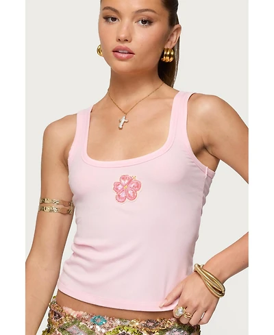 Edikted Women's Steffy Beaded Flower Ribbed Top
