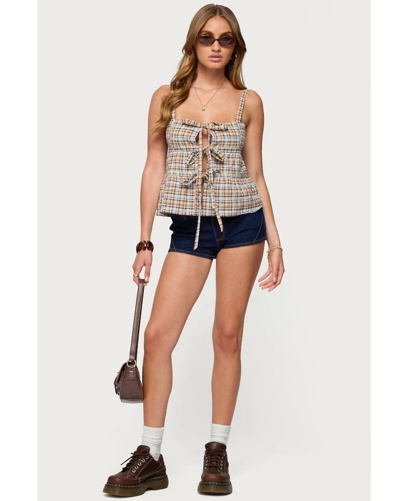 Edikted Women's Mirena Tie Front Plaid Top