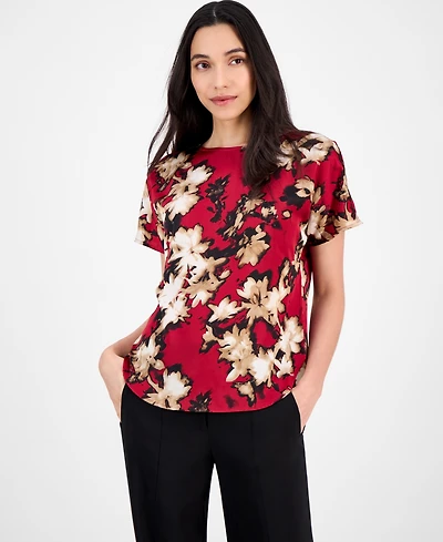 Anne Klein Women's Printed Boat-Neck Short-Sleeve Top