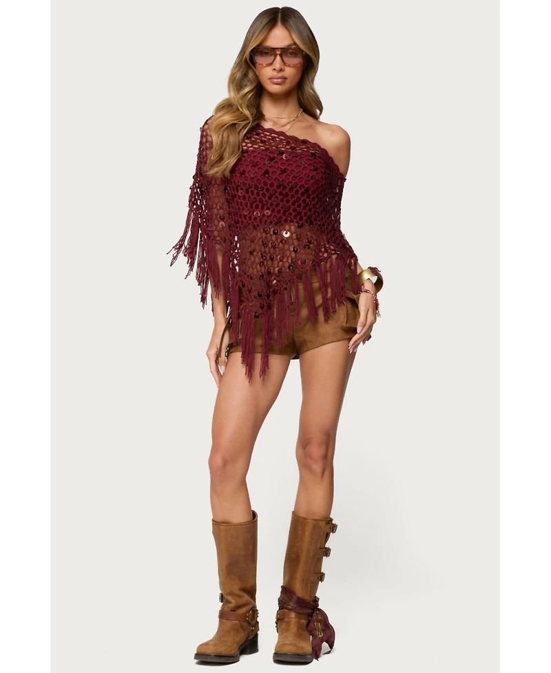Edikted Women's Fringe Sequin Crochet Poncho