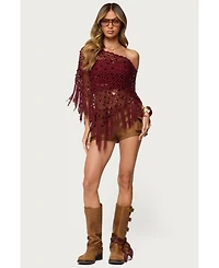 Edikted Women's Fringe Sequin Crochet Poncho