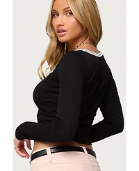 Edikted Womens Contrast Lacey Long Sleeve Top