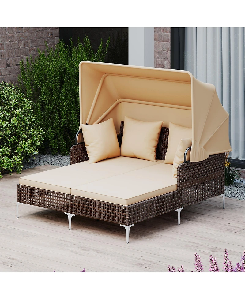 Gymax Outdoor Daybed w/ Retractable Canopy Pe Wicker Rattan Patio Double Chaise Lounger
