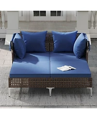 Gymax Outdoor Daybed w/ Retractable Canopy Pe Wicker Rattan Patio Double Chaise Lounger