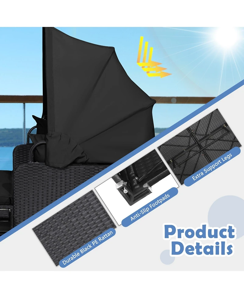 Gymax Patio Rattan Daybed Lounge Retractable Top Canopy Side Tables Cushions Outdoor