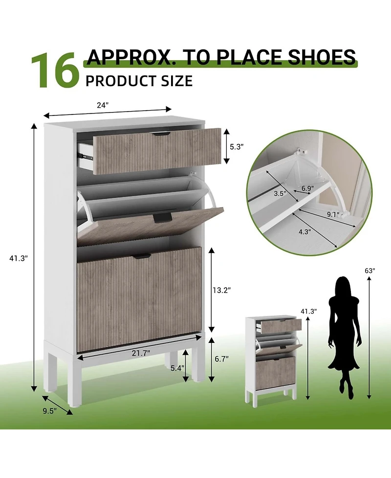 gaomon Shoe Storage Cabinet with 2 Flip Drawers, Entrance Wooden Shoe Rack with Iron Legs,Farmhouse Fluted Shoe Organizer for Entryway,Hallway,Foyer(W